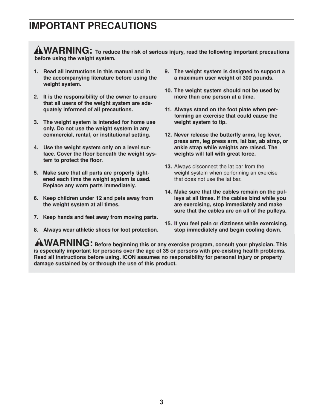 Gold's Gym GGSY69530 manual Important Precautions 