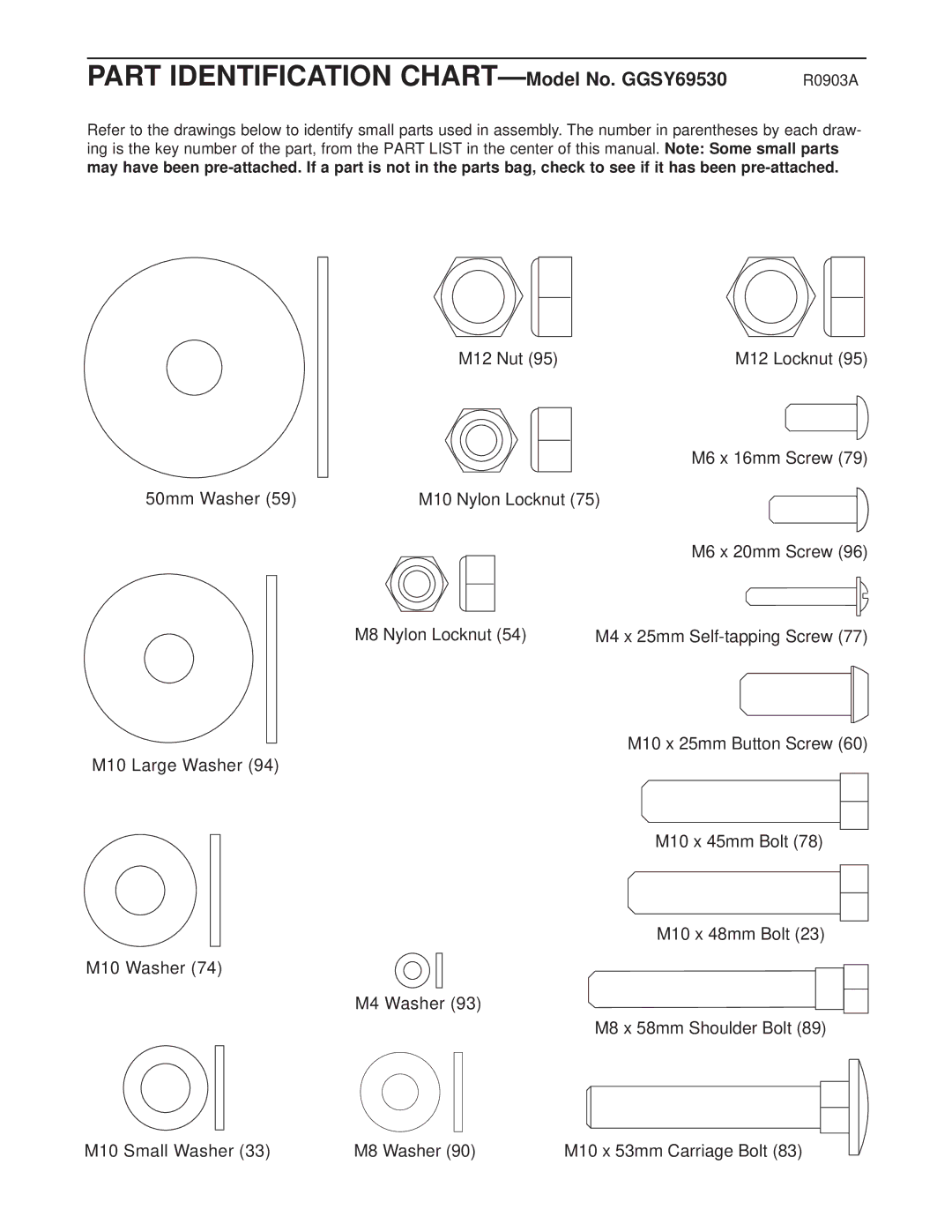 Gold's Gym manual Part Identification CHART- Model No. GGSY69530 