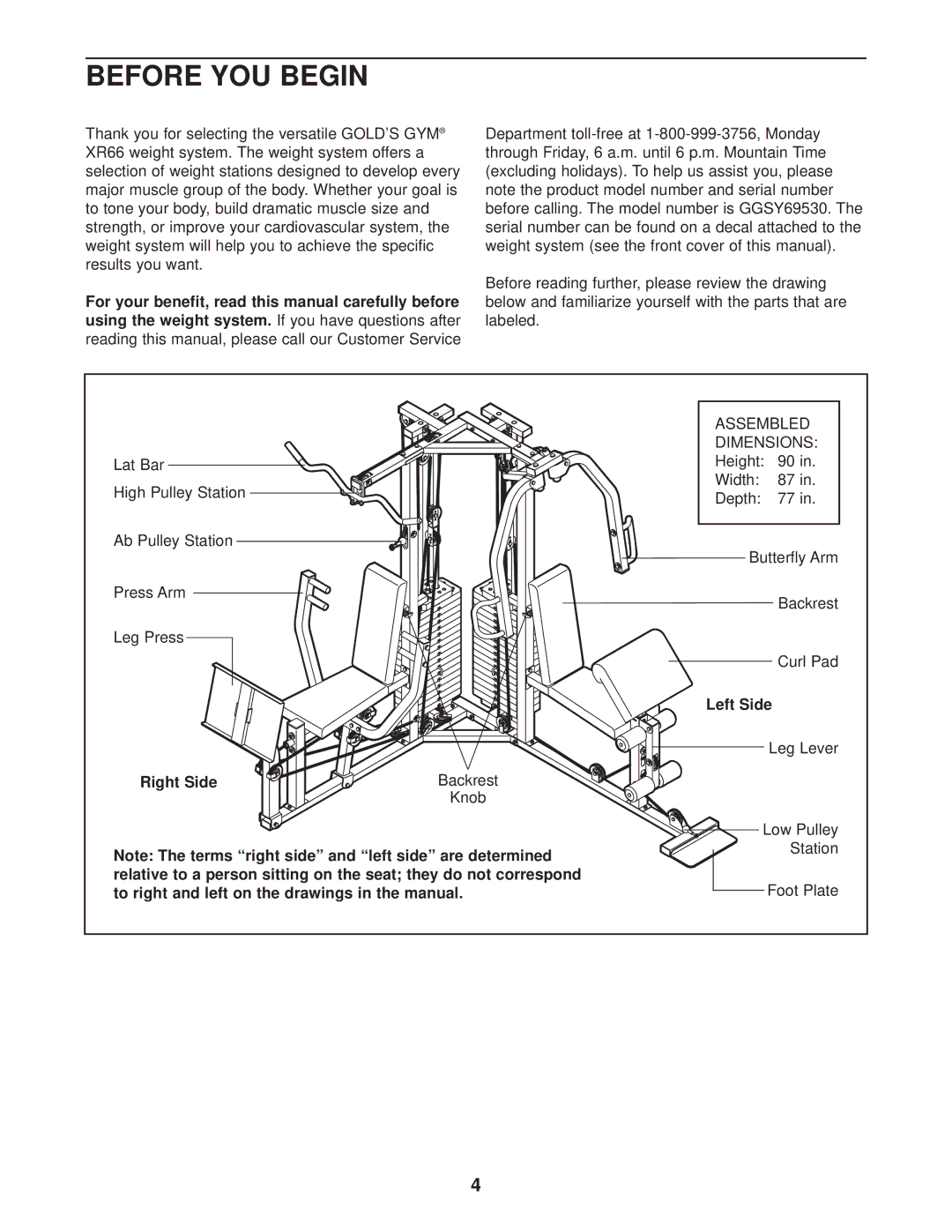 Gold's Gym GGSY69530 manual Before YOU Begin, Right Side, Left Side 