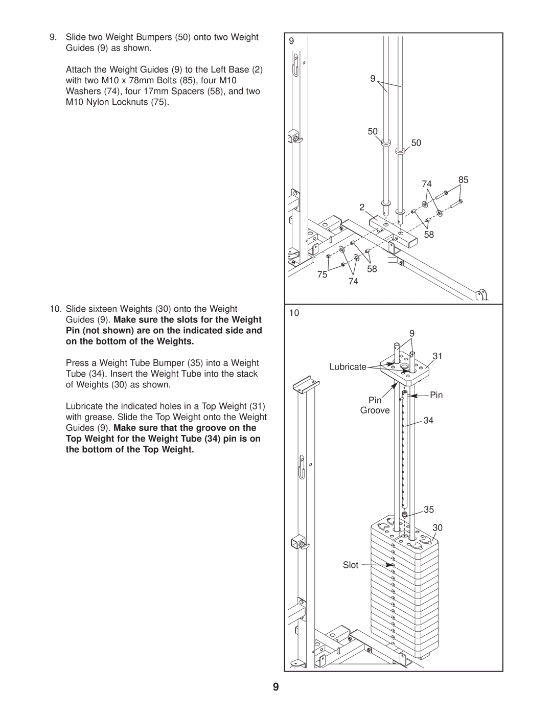 Gold's Gym GGSY69530 manual Lubricate Pin Groove Slot 