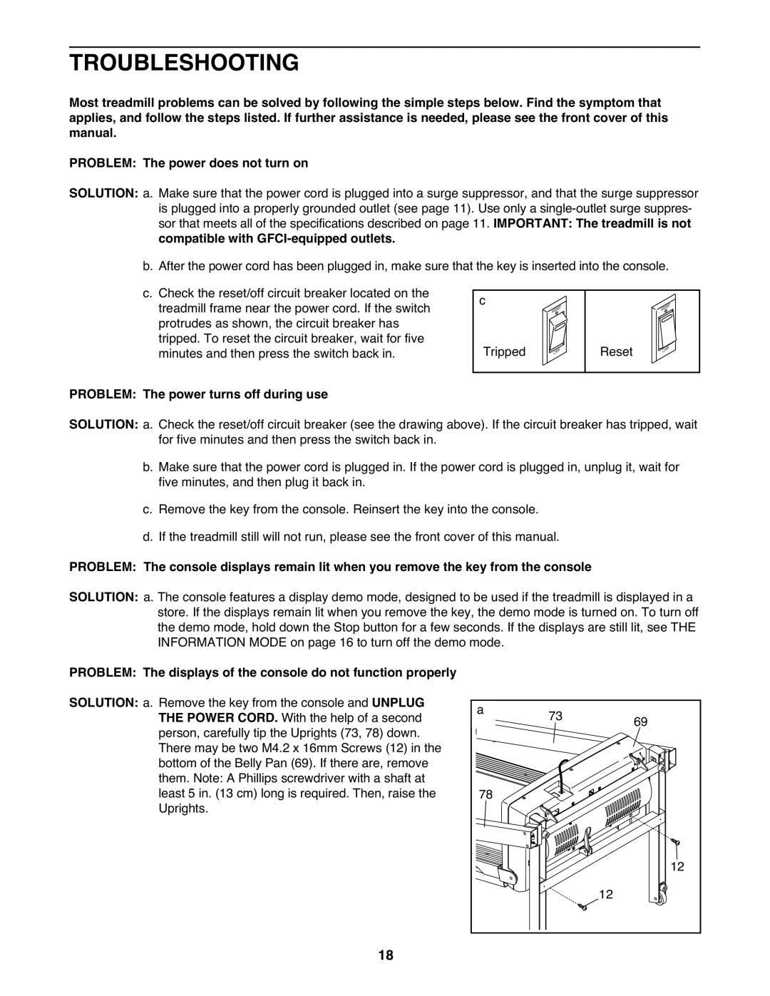 Gold's Gym GGTL03607.2 Troubleshooting, Compatible with GFCI-equipped outlets, Problem The power turns off during use 