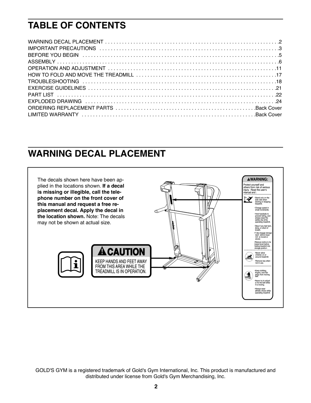 Gold's Gym GGTL03607.2 manual Table of Contents 