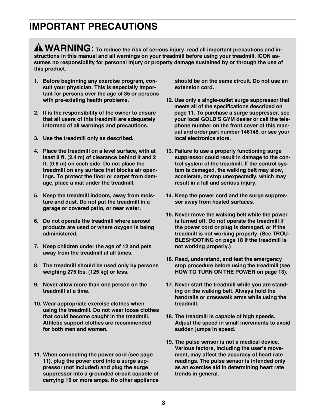 Gold's Gym GGTL03607.2 manual Important Precautions 