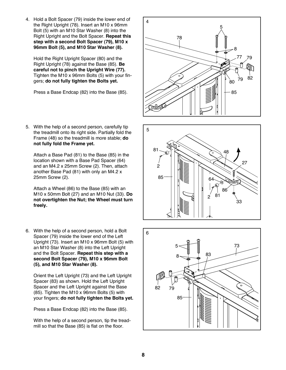 Gold's Gym GGTL03607.2 manual Careful not to pinch the Upright Wire, Gers do not fully tighten the Bolts yet 