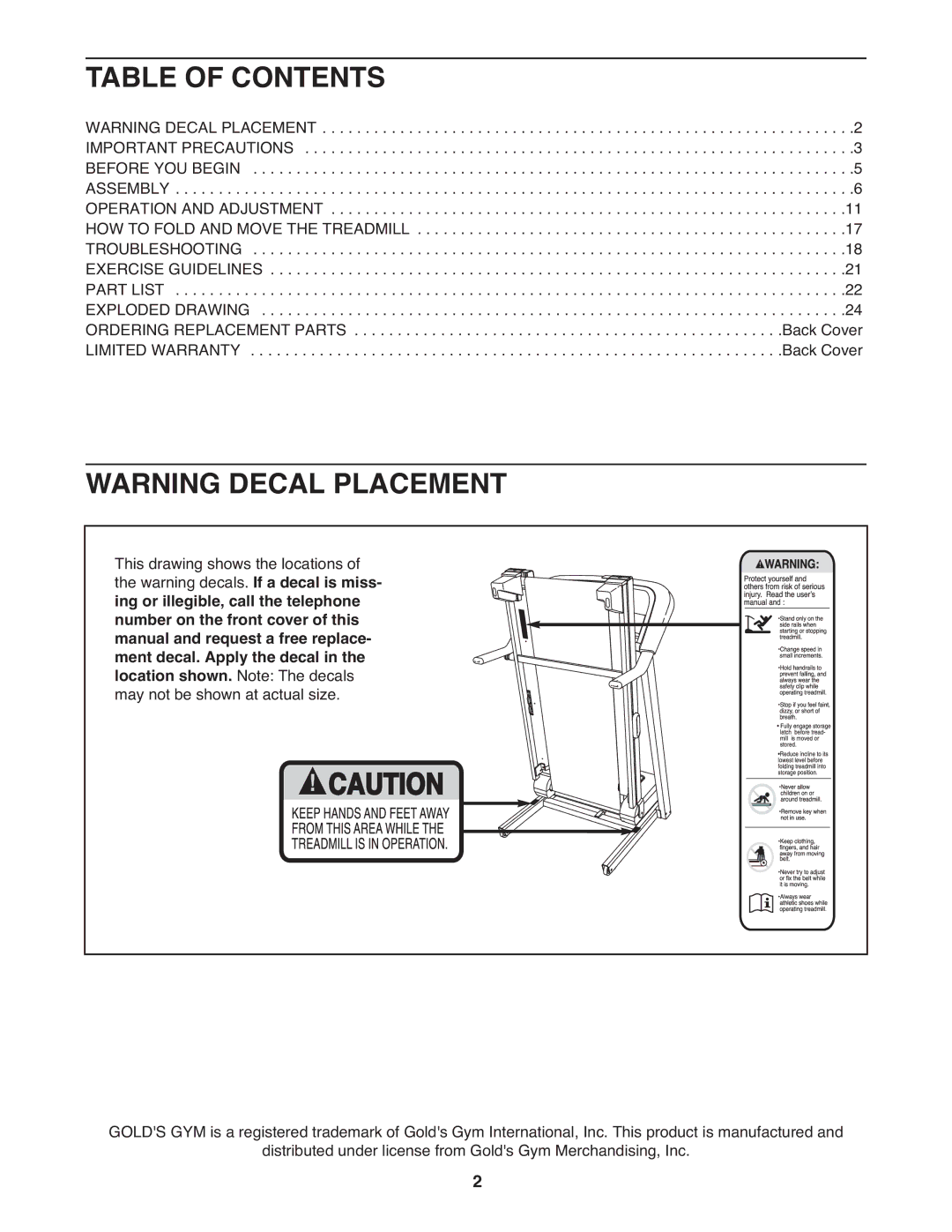 Gold's Gym GGTL03607.3 manual Table of Contents 