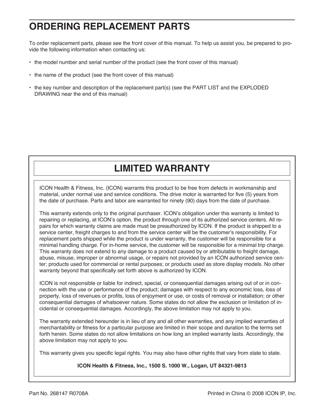 Gold's Gym GGTL03607.3 manual Ordering Replacement Parts, Limited Warranty 