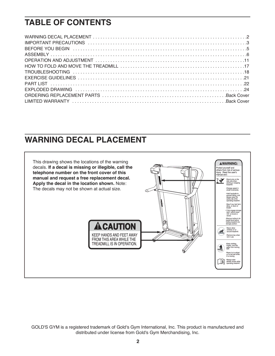 Gold's Gym GGTL03607.5 manual Table of Contents 