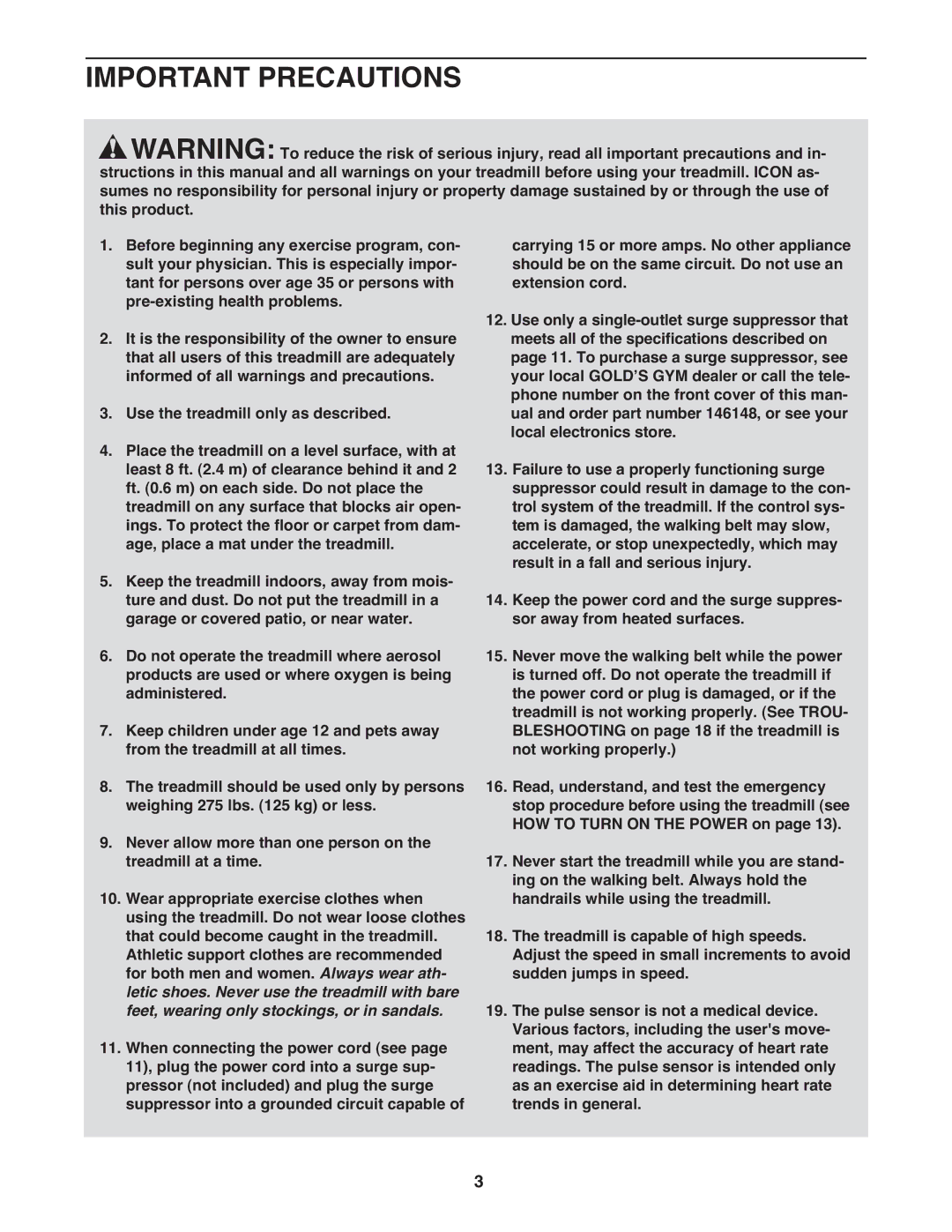 Gold's Gym GGTL03607.5 manual Important Precautions 