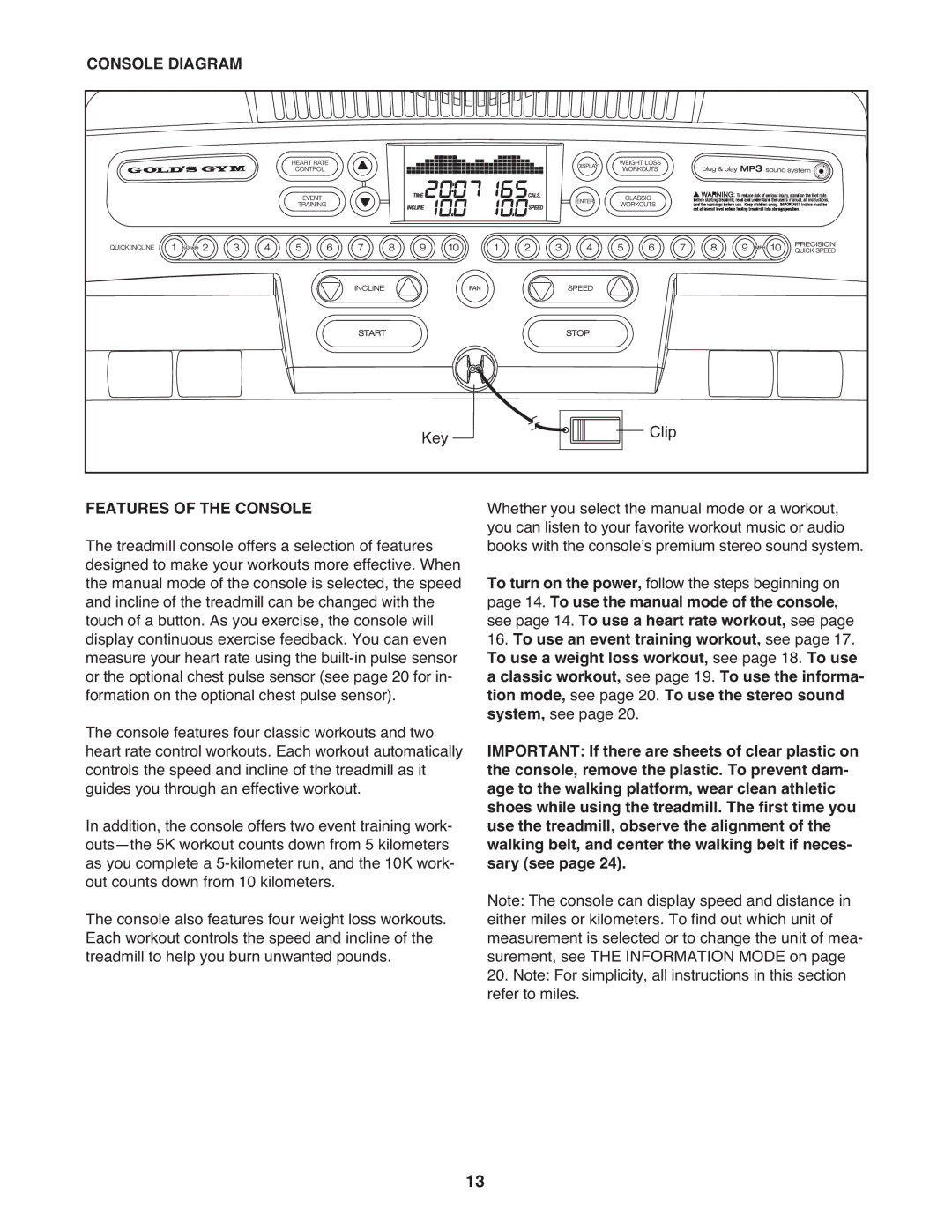 Gold's Gym GGTL04607.1 manual Console Diagram, Features of the Console 