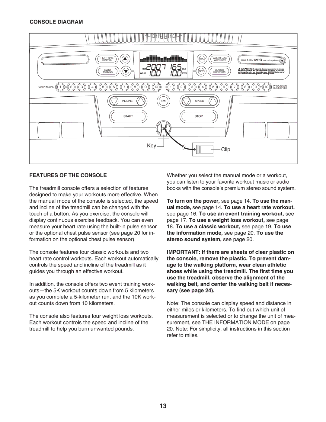 Gold's Gym 550, GGTL04607.2 manual Console Diagram, Features of the Console 