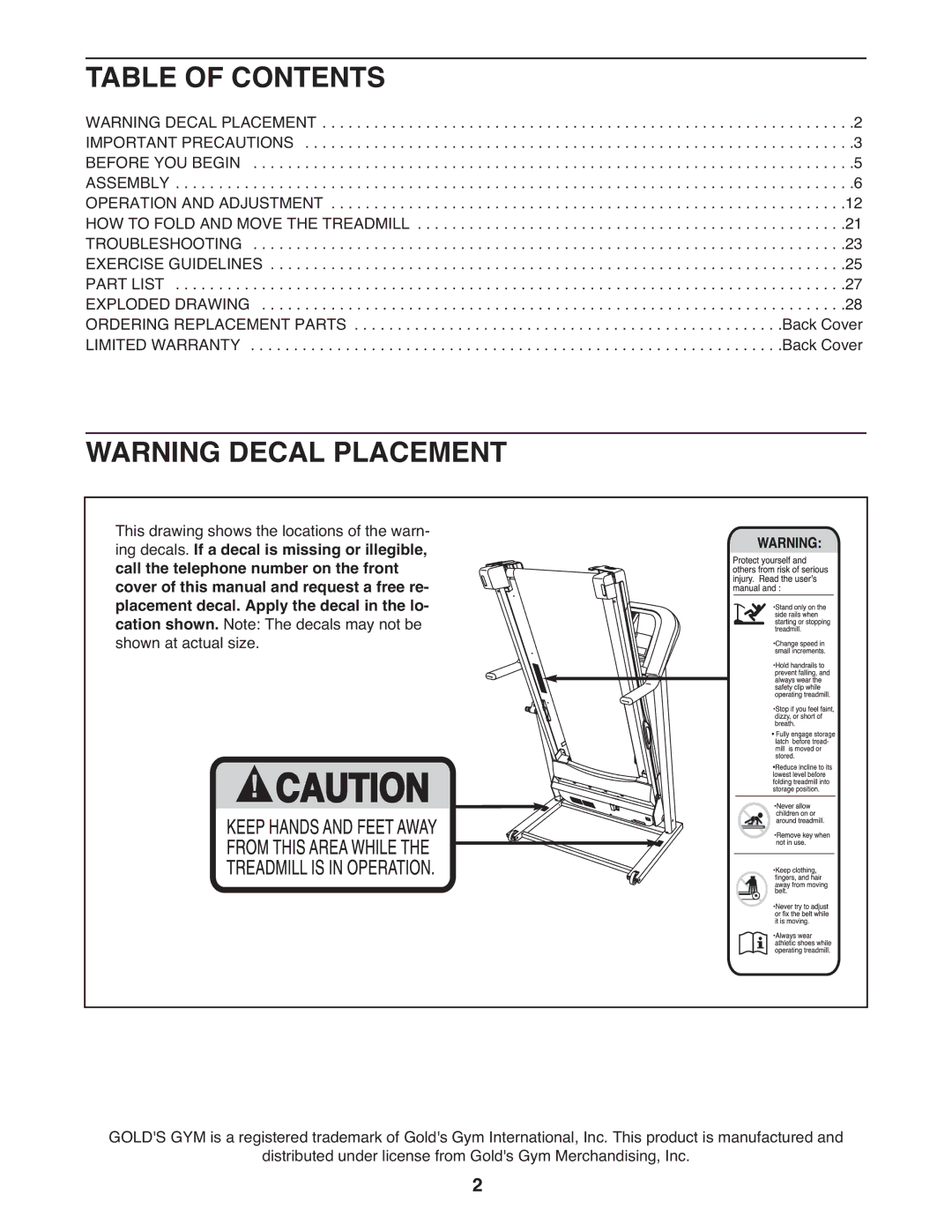 Gold's Gym GGTL04607.2, 550 manual Table of Contents 