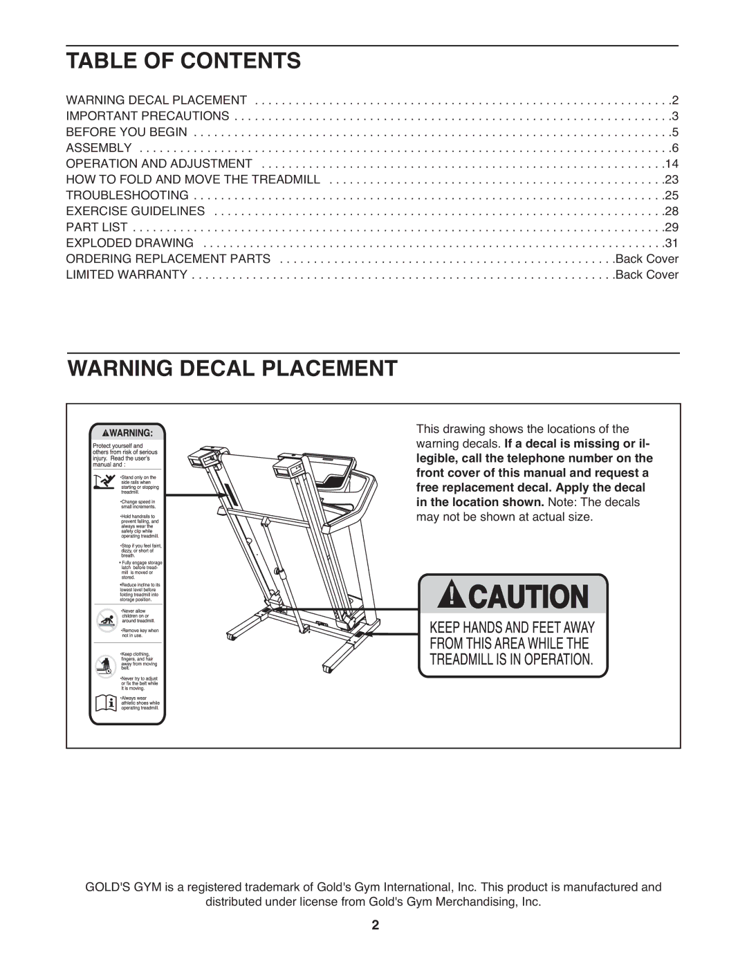 Gold's Gym GGTL07809.0 manual Table of Contents 