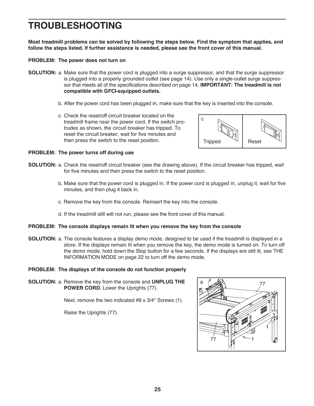 Gold's Gym GGTL07809.0 manual Troubleshooting, Important The treadmill is not, Compatible with GFCI-equipped outlets 