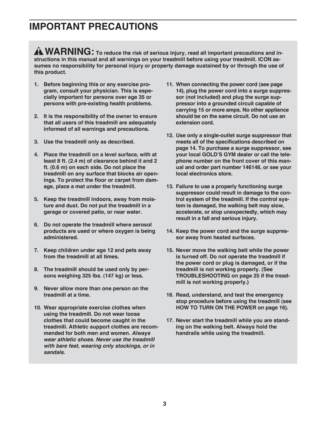 Gold's Gym GGTL07809.0 manual Important Precautions 