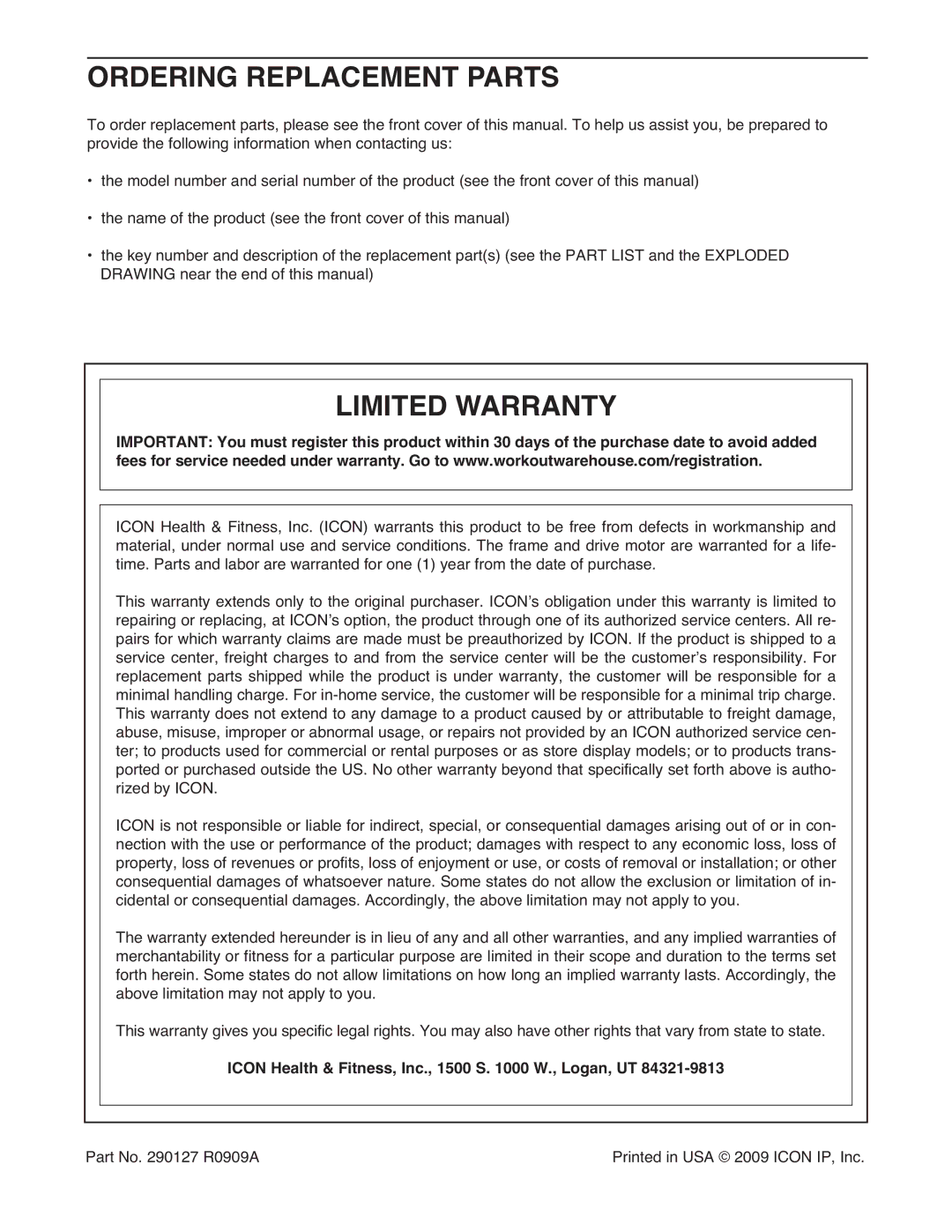 Gold's Gym GGTL07809.0 Ordering Replacement Parts, Limited Warranty, Icon Health & Fitness, Inc., 1500 S W., Logan, UT 