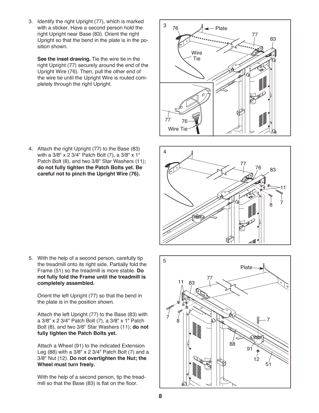 Gold's Gym GGTL07809.0 manual See the inset drawing. Tie the wire tie, Fully tighten the Patch Bolts yet 