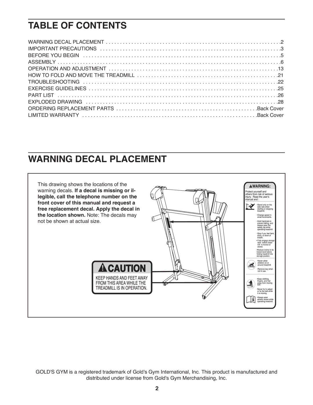 Gold's Gym GGTL07819.0 manual Table of Contents 