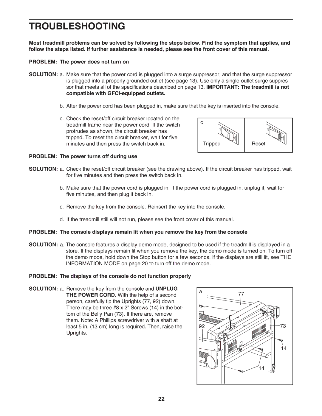 Gold's Gym GGTL07819.0 Troubleshooting, Compatible with GFCI-equipped outlets, Problem The power turns off during use 