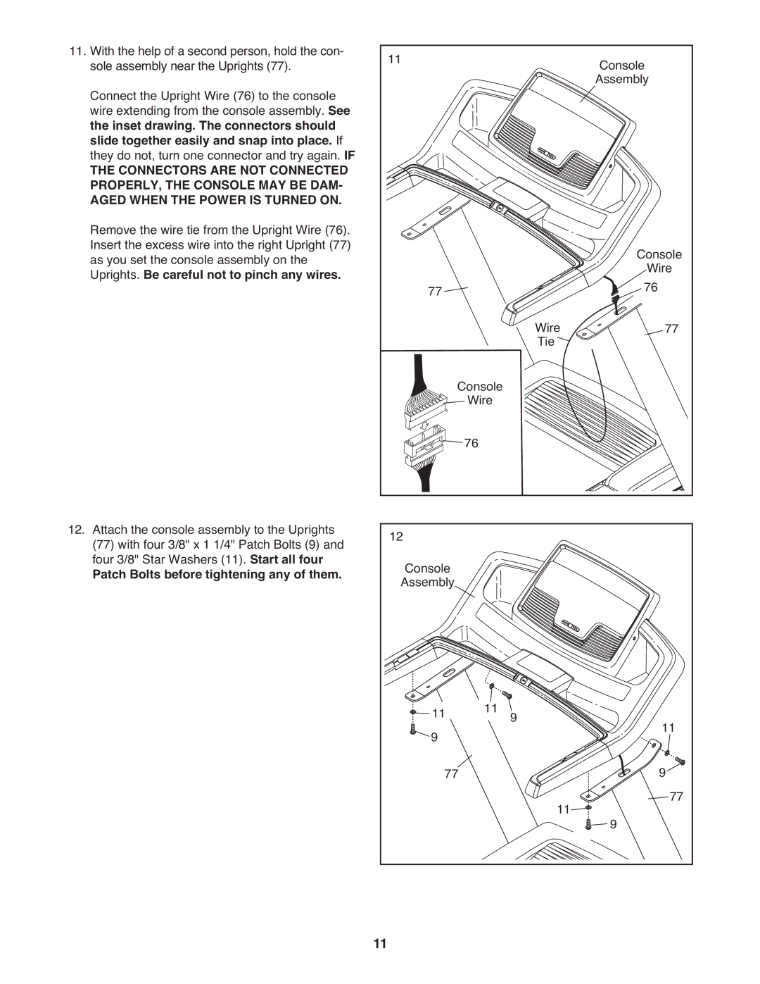 Gold's Gym GGTL10109.0 manual Uprights. Be careful not to pinch any wires, Patch Bolts before tightening any of them 