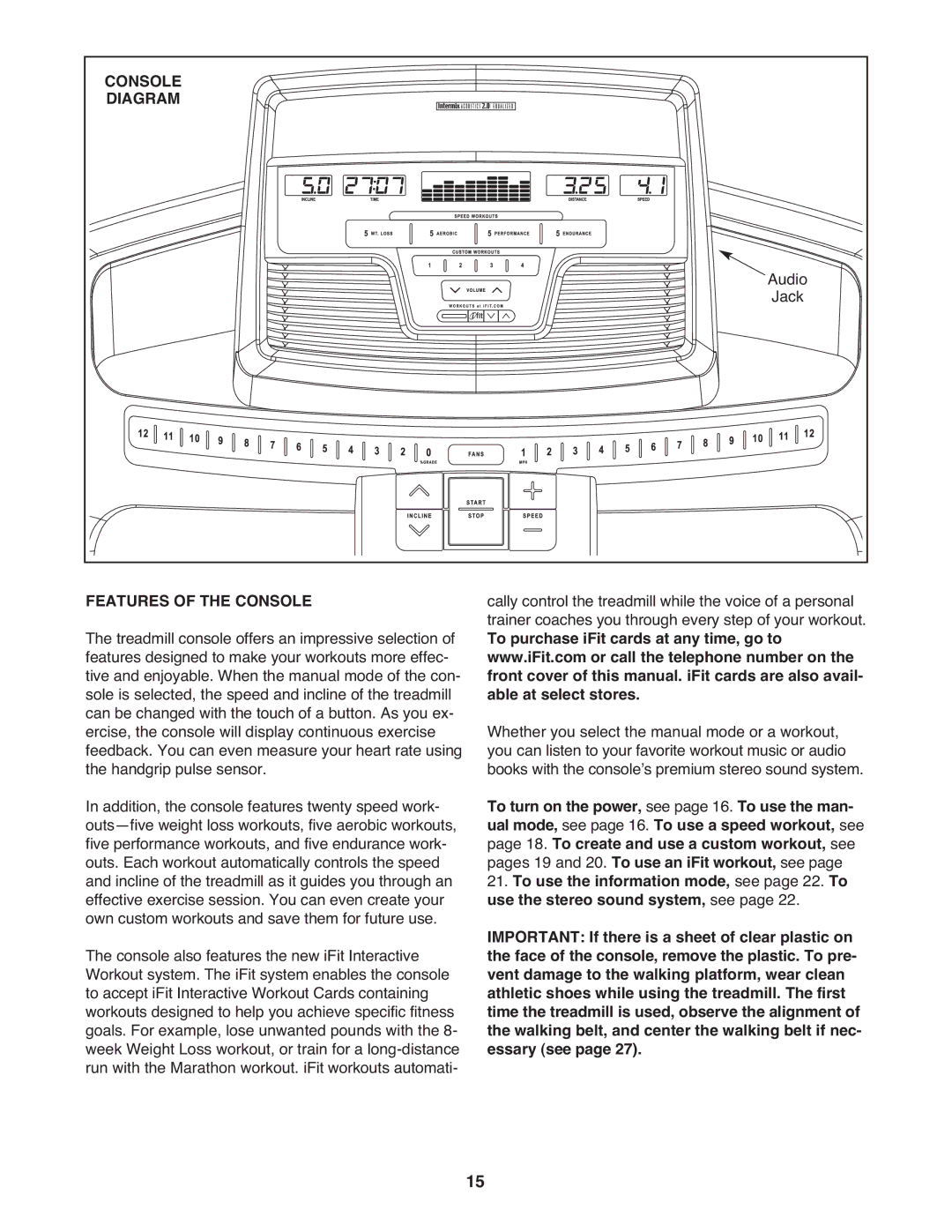 Gold's Gym GGTL10109.0 manual Diagram, Audio, Jack, Features of the Console 