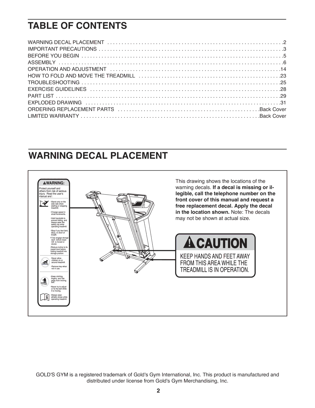 Gold's Gym GGTL10109.0 manual Table of Contents 