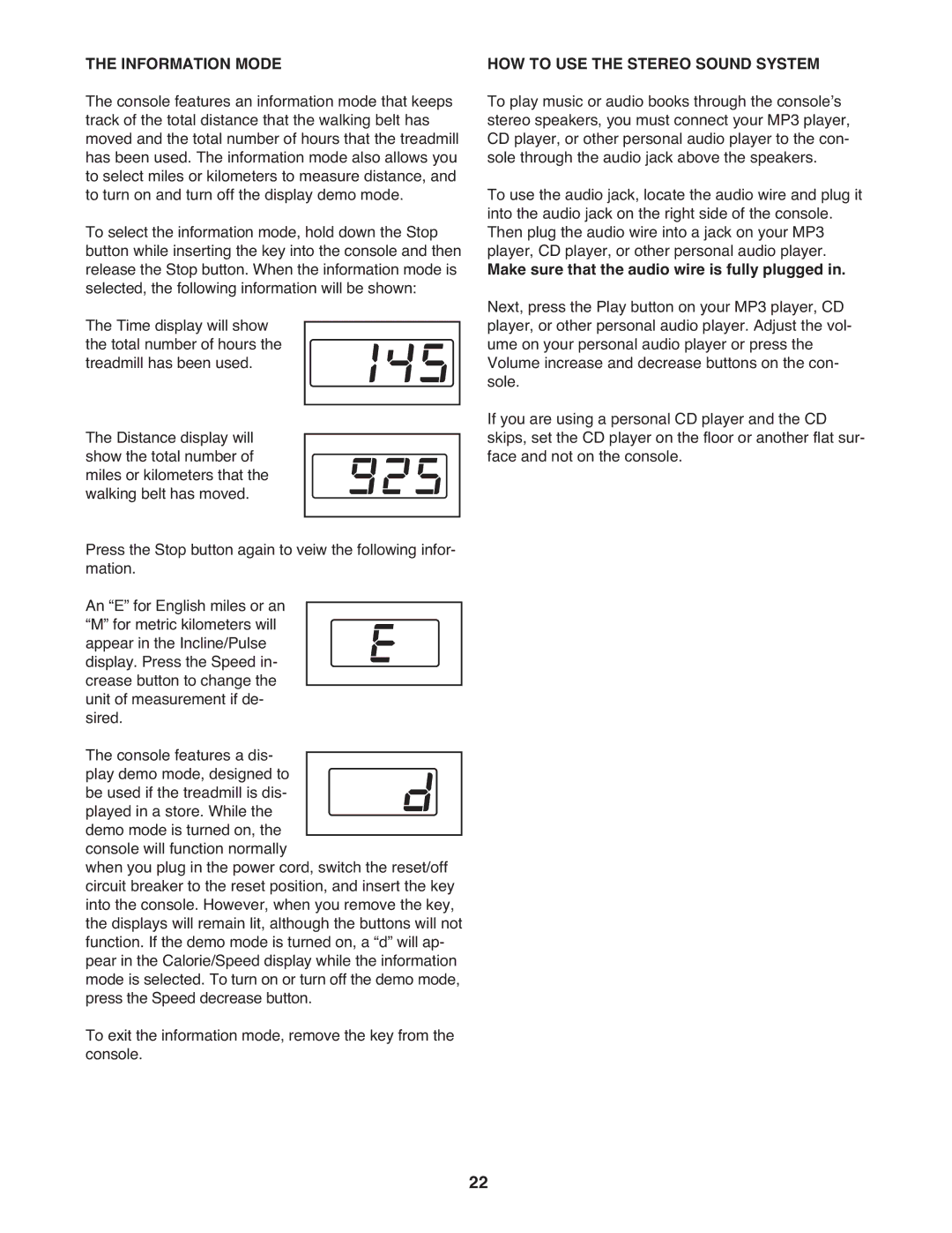 Gold's Gym GGTL10109.0 manual Information Mode, HOW to USE the Stereo Sound System 