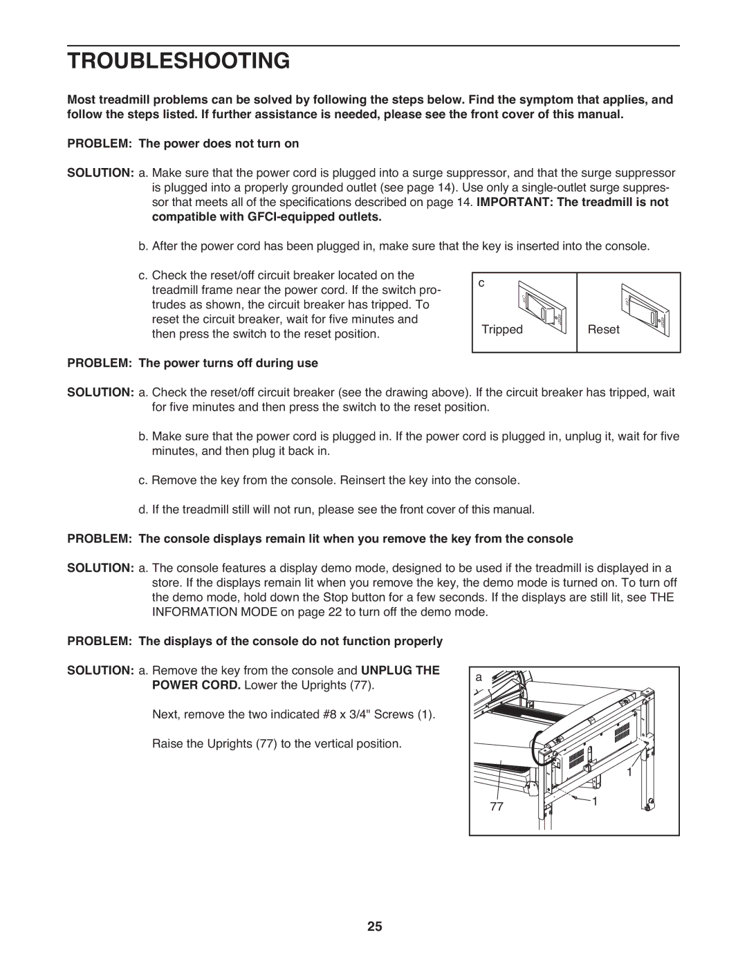 Gold's Gym GGTL10109.0 manual Troubleshooting, Important The treadmill is not, Compatible with GFCI-equipped outlets 