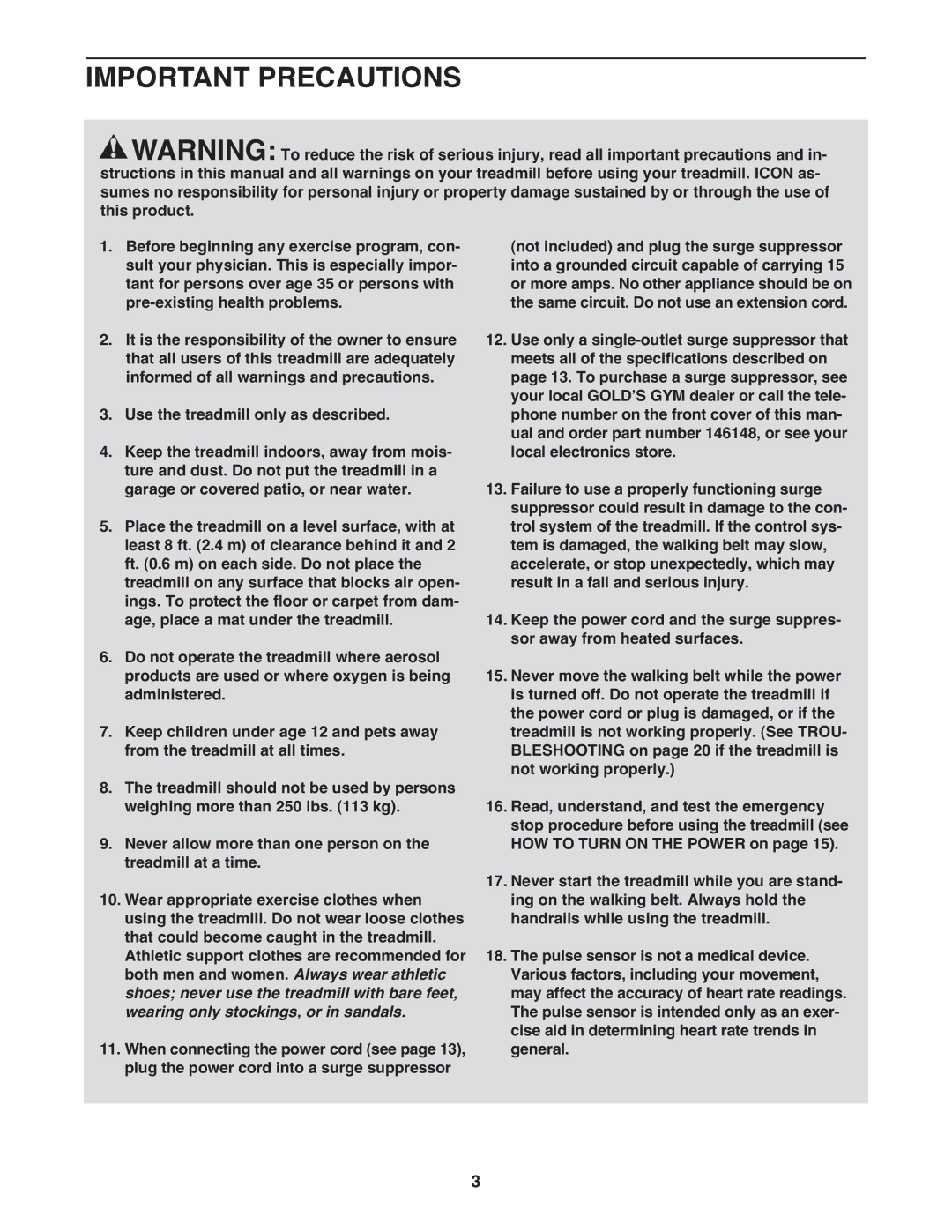 Gold's Gym GGTL30611.0 manual Important Precautions 