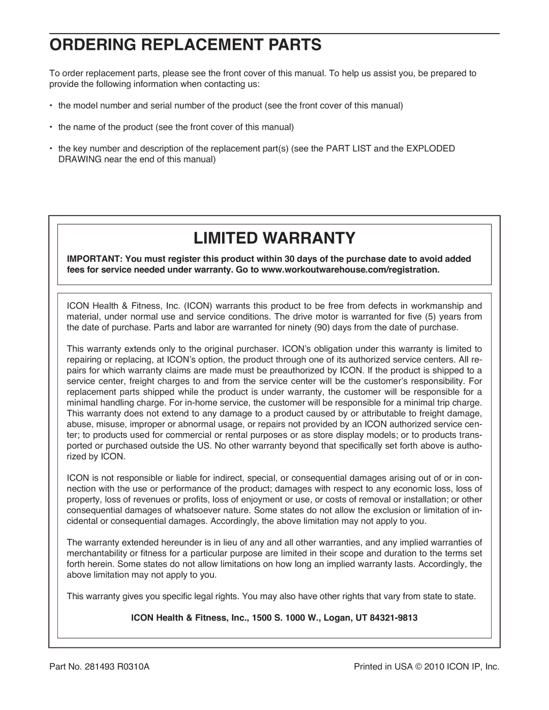 Gold's Gym GGTL39608.0 Ordering Replacement Parts, Limited Warranty, Icon Health & Fitness, Inc., 1500 S W., Logan, UT 