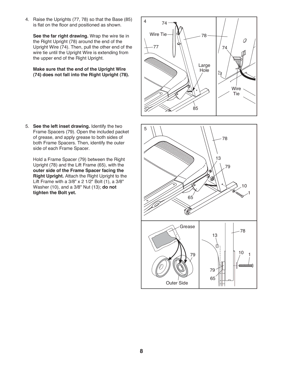 Gold's Gym GGTL39608.0 manual See the far right drawing. Wrap the wire tie, Make sure that the end of the Upright Wire 