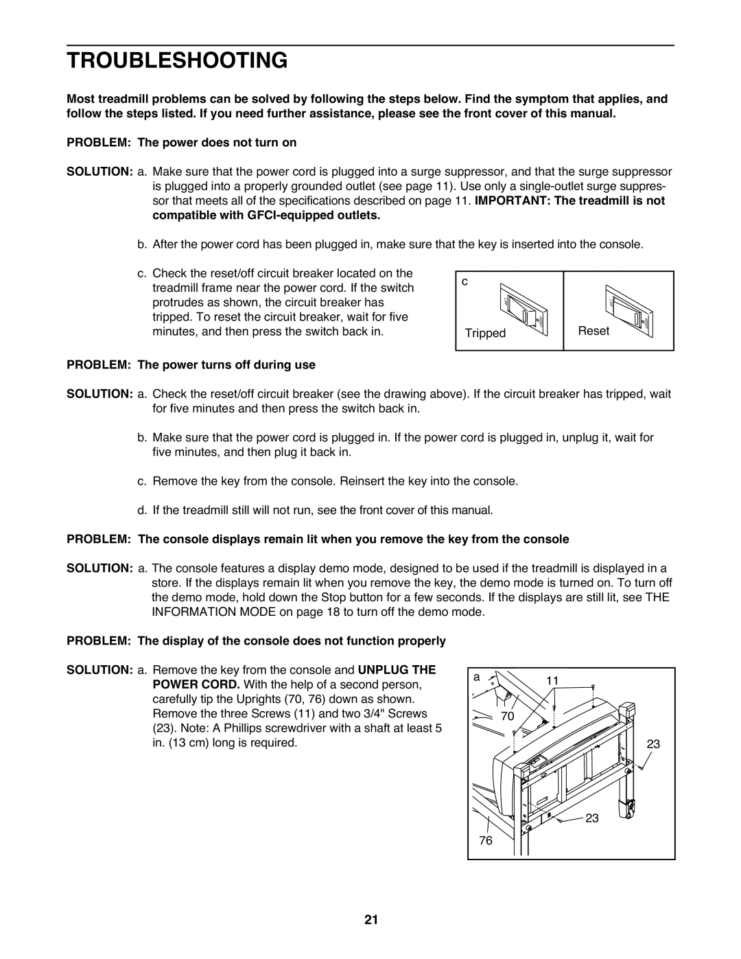 Gold's Gym 685, GGTL58608.0 manual Troubleshooting, Problem The power turns off during use 