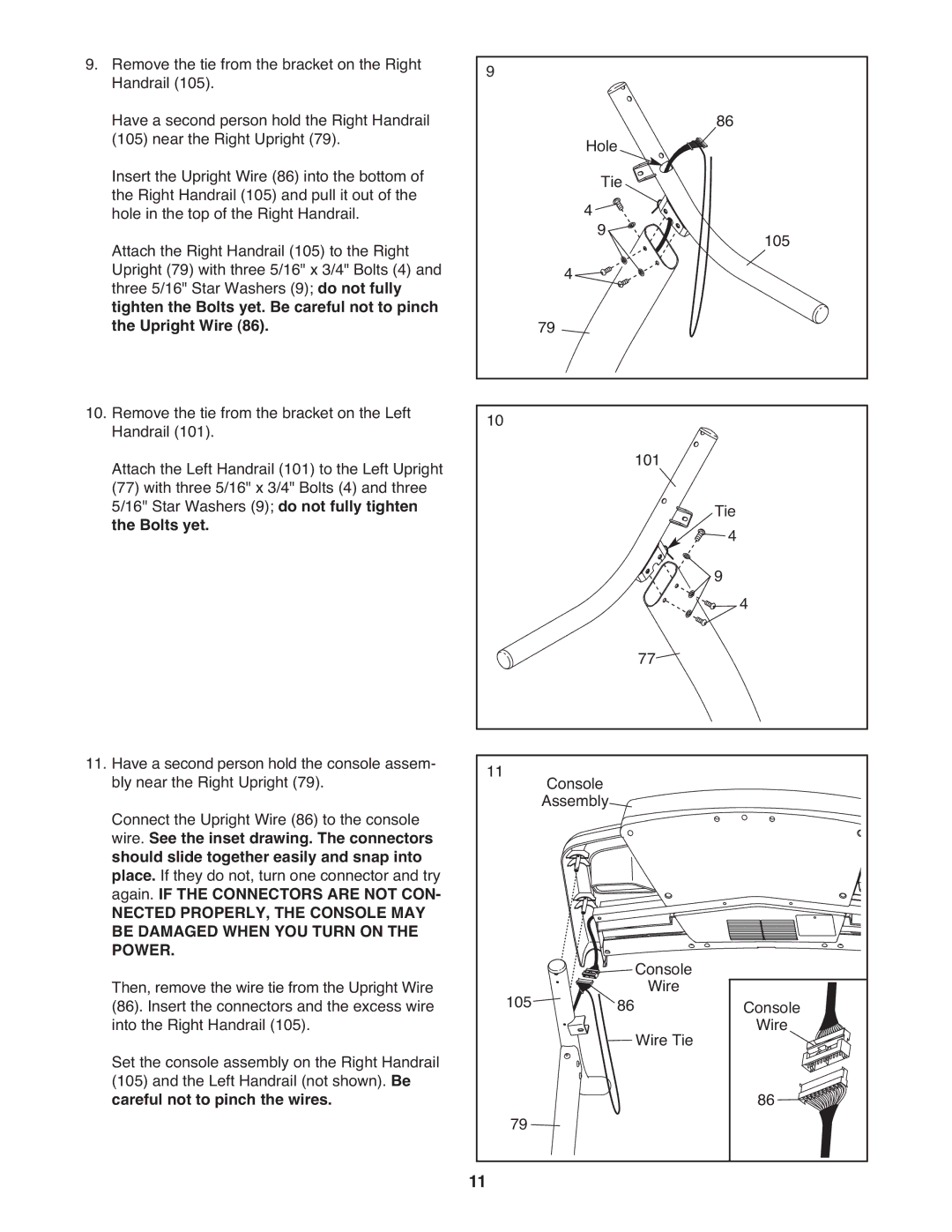 Gold's Gym GGTL59608 manual Again. if the Connectors are not CON, Power, Careful not to pinch the wires 