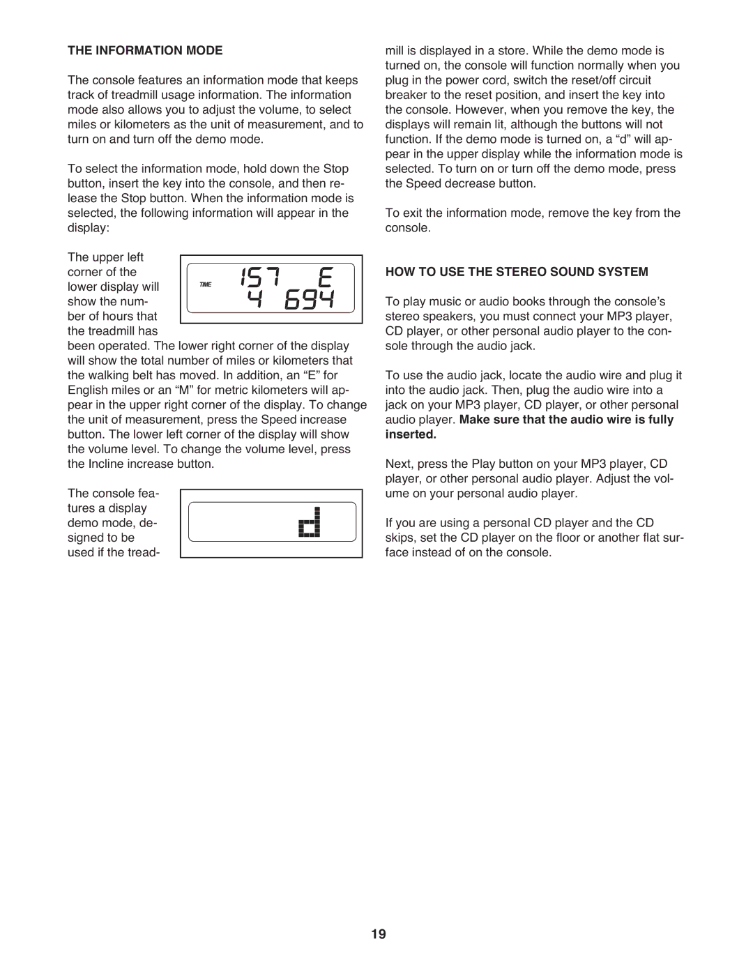 Gold's Gym GGTL59608 manual Information Mode, HOW to USE the Stereo Sound System 