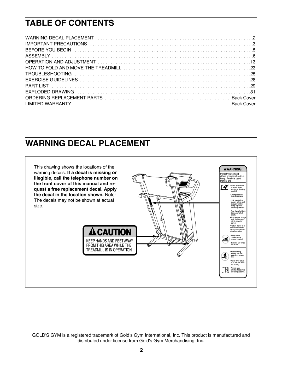 Gold's Gym GGTL78609.0 manual Table of Contents 