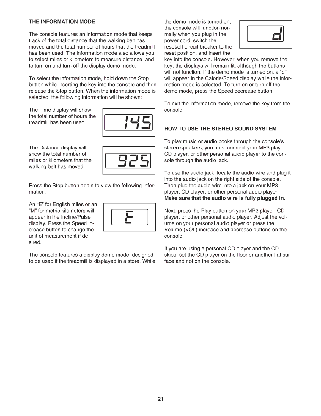 Gold's Gym GGTL78609.0 manual Information Mode, HOW to USE the Stereo Sound System 