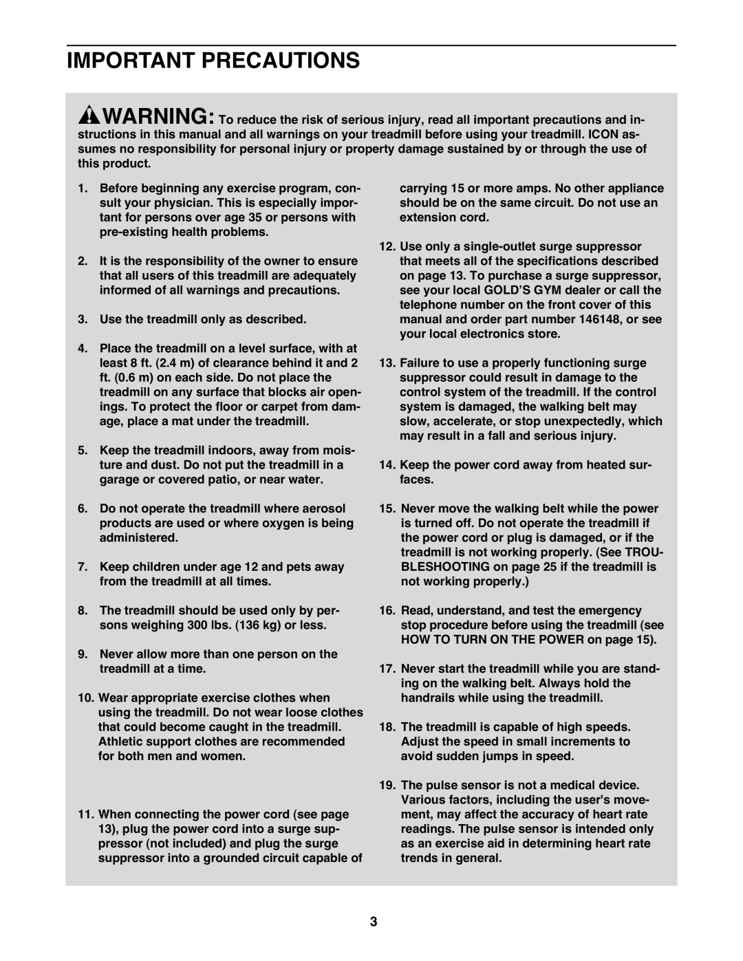 Gold's Gym GGTL78609.0 manual Important Precautions, Pulse sensor is not a medical device 