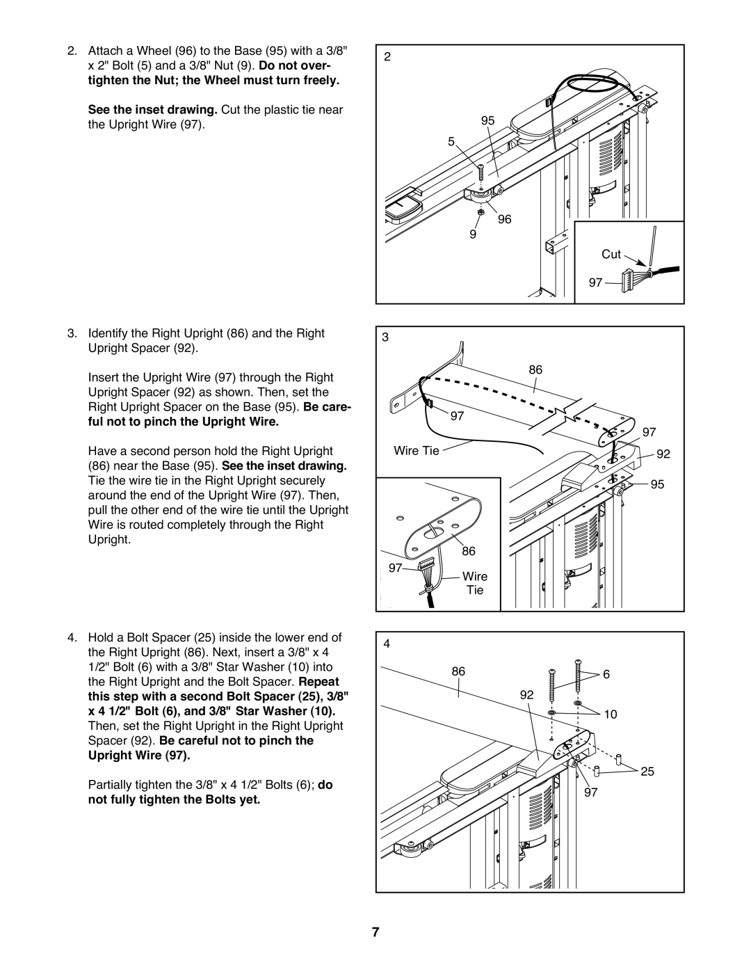 Gold's Gym GGTL78609.0 manual Tighten the Nut the Wheel must turn freely, Ful not to pinch the Upright Wire 