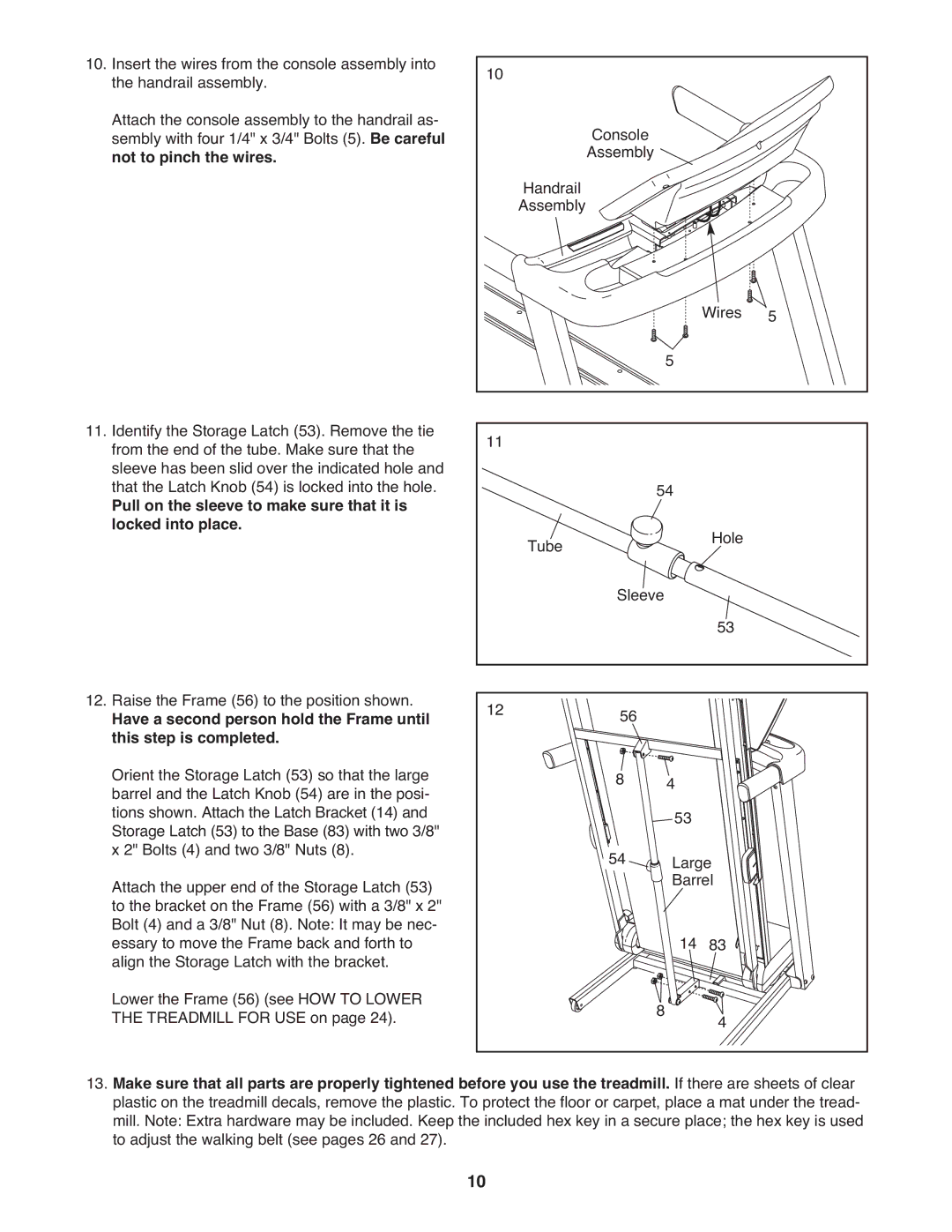 Gold's Gym GGTL80608.0 manual Not to pinch the wires, Pull on the sleeve to make sure that it is Locked into place 