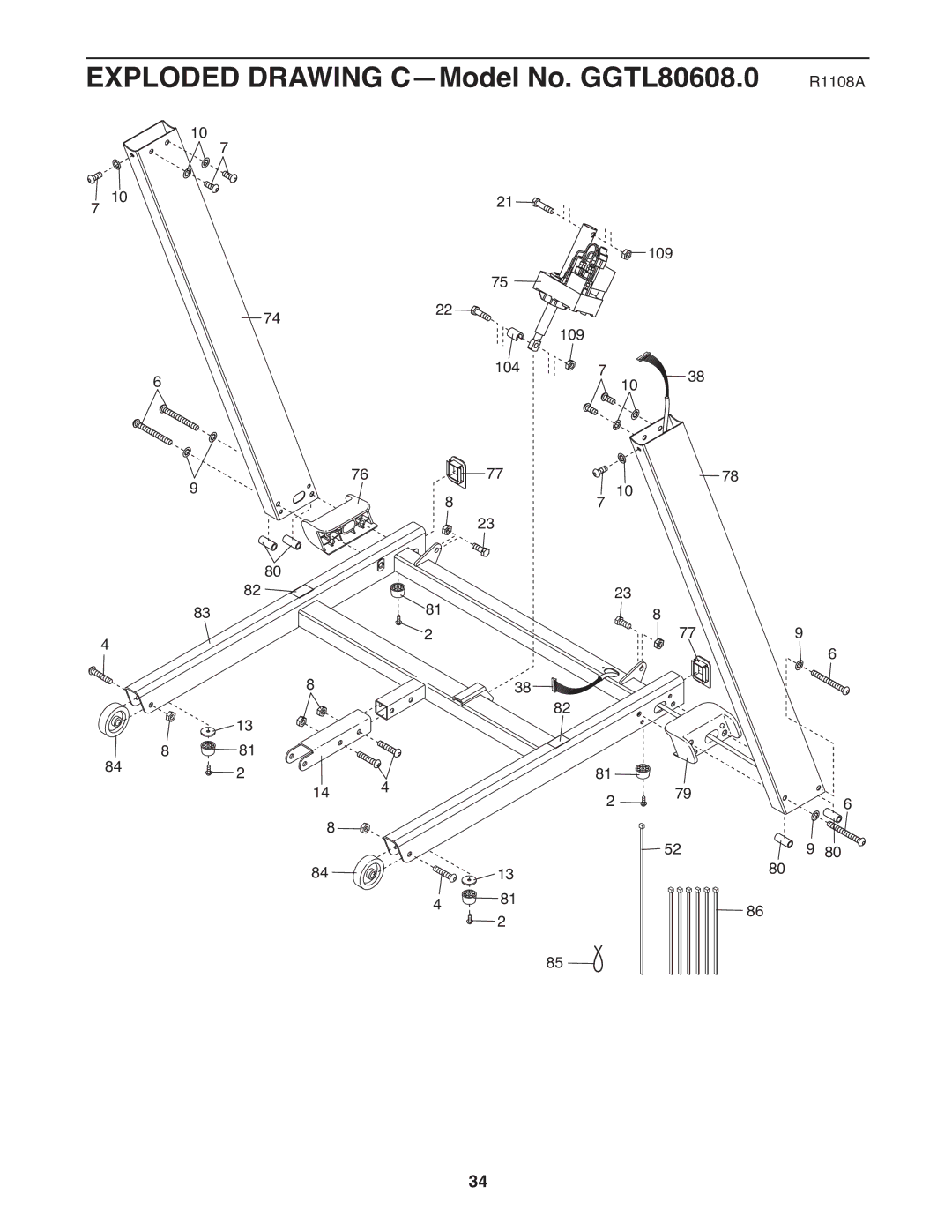 Gold's Gym manual Exploded Drawing C-Model No. GGTL80608.0 R1108A 