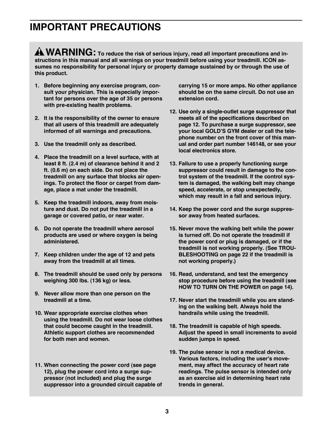 Gold's Gym GGTL90608.0 manual Important Precautions, Pulse sensor is not a medical device 