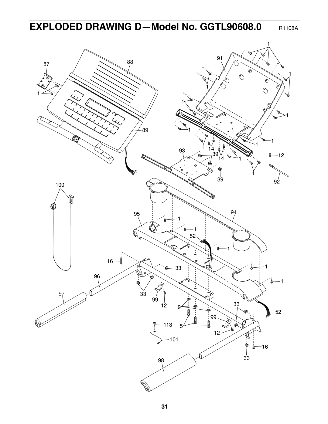 Gold's Gym manual Exploded Drawing D-Model No. GGTL90608.0 R1108A 