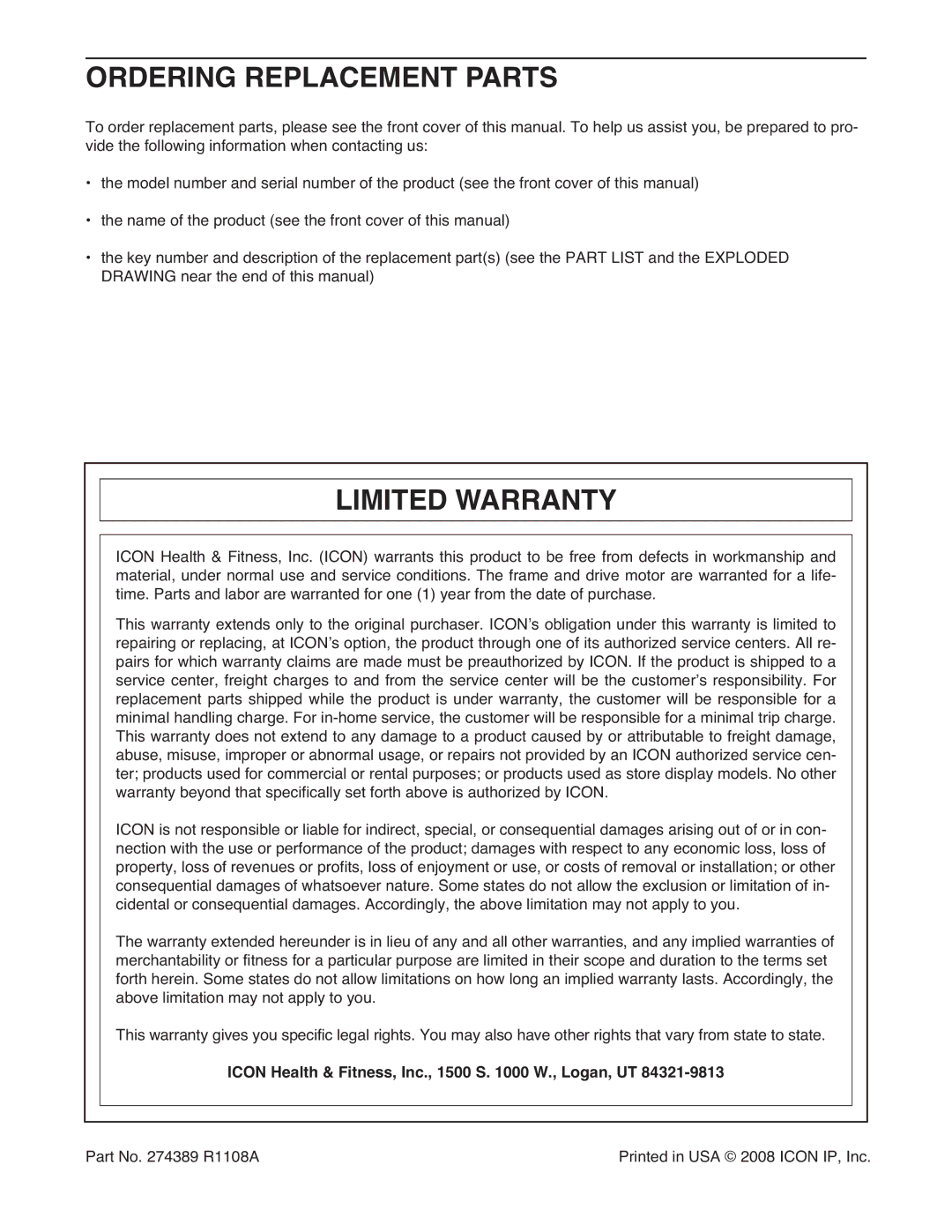 Gold's Gym GGTL90608.0 Ordering Replacement Parts, Limited Warranty, Icon Health & Fitness, Inc., 1500 S W., Logan, UT 