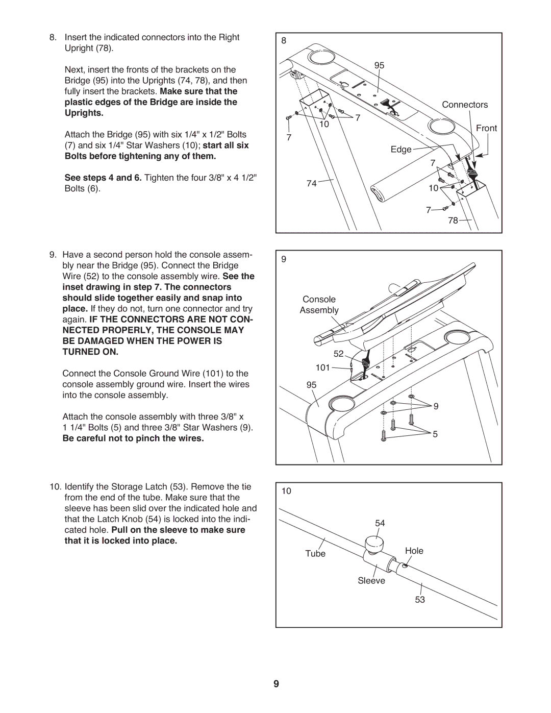 Gold's Gym GGTL90608.0 manual Bolts before tightening any of them, Be careful not to pinch the wires 