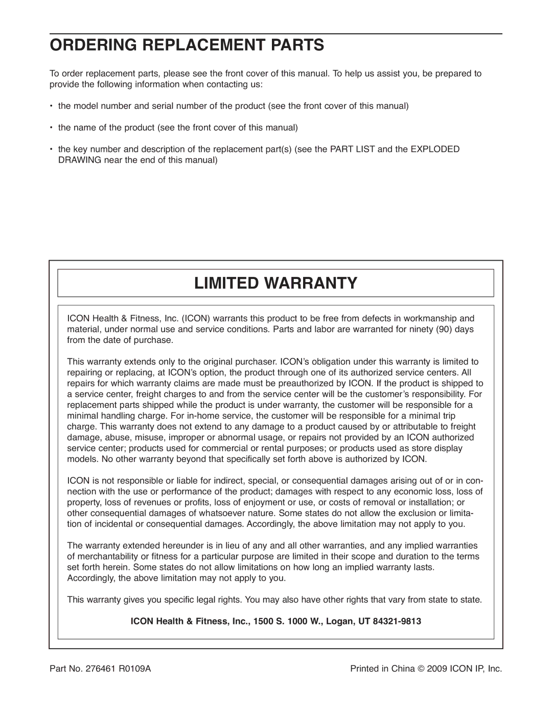 Gold's Gym GGVB5978.0, 580 Ordering Replacement Parts, Limited Warranty, Icon Health & Fitness, Inc., 1500 S W., Logan, UT 