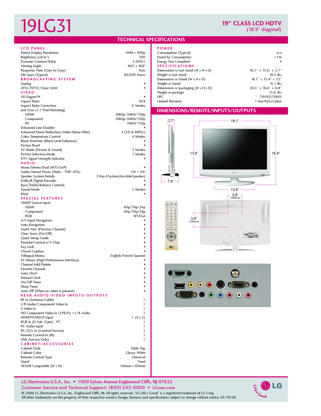 Goldstar 19LG31 18.9” diagonal, 19” CLASS LCD HDTV, Technical, Specifications, Dimensions/Remote/Inputs/Outputs, P O W E R 