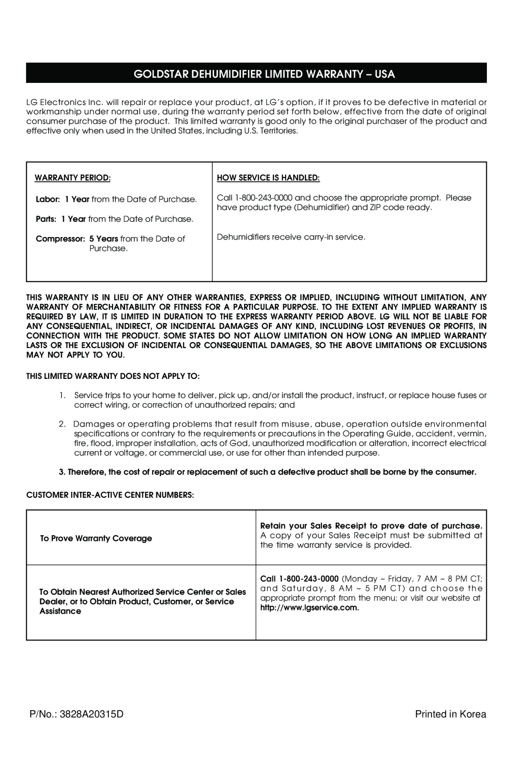 Goldstar DH50, DH30, DH40 owner manual Goldstar Dehumidifier Limited Warranty USA 