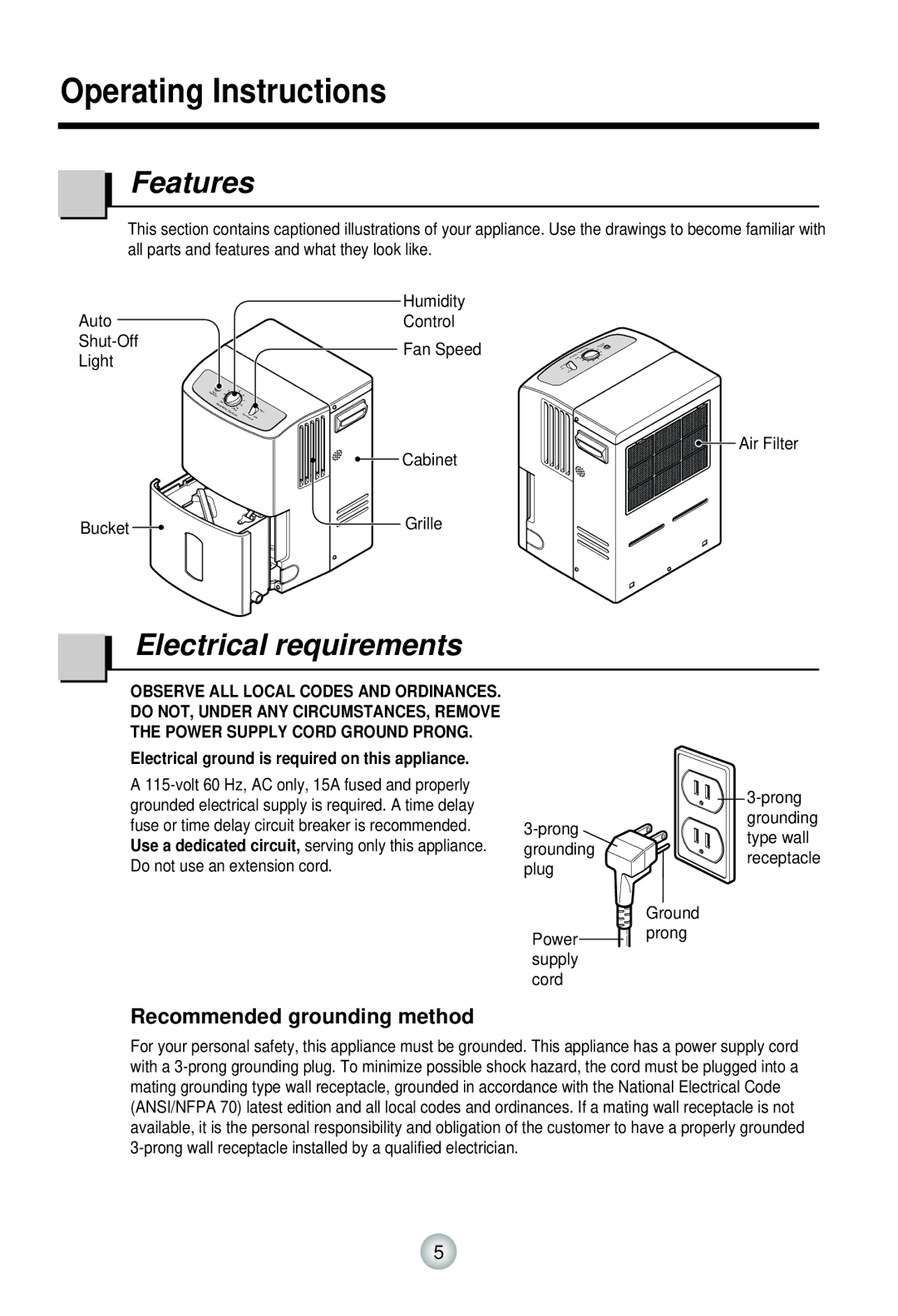 Goldstar DH40, DH50, DH30 Operating Instructions, Features, Electrical requirements, Recommended grounding method 