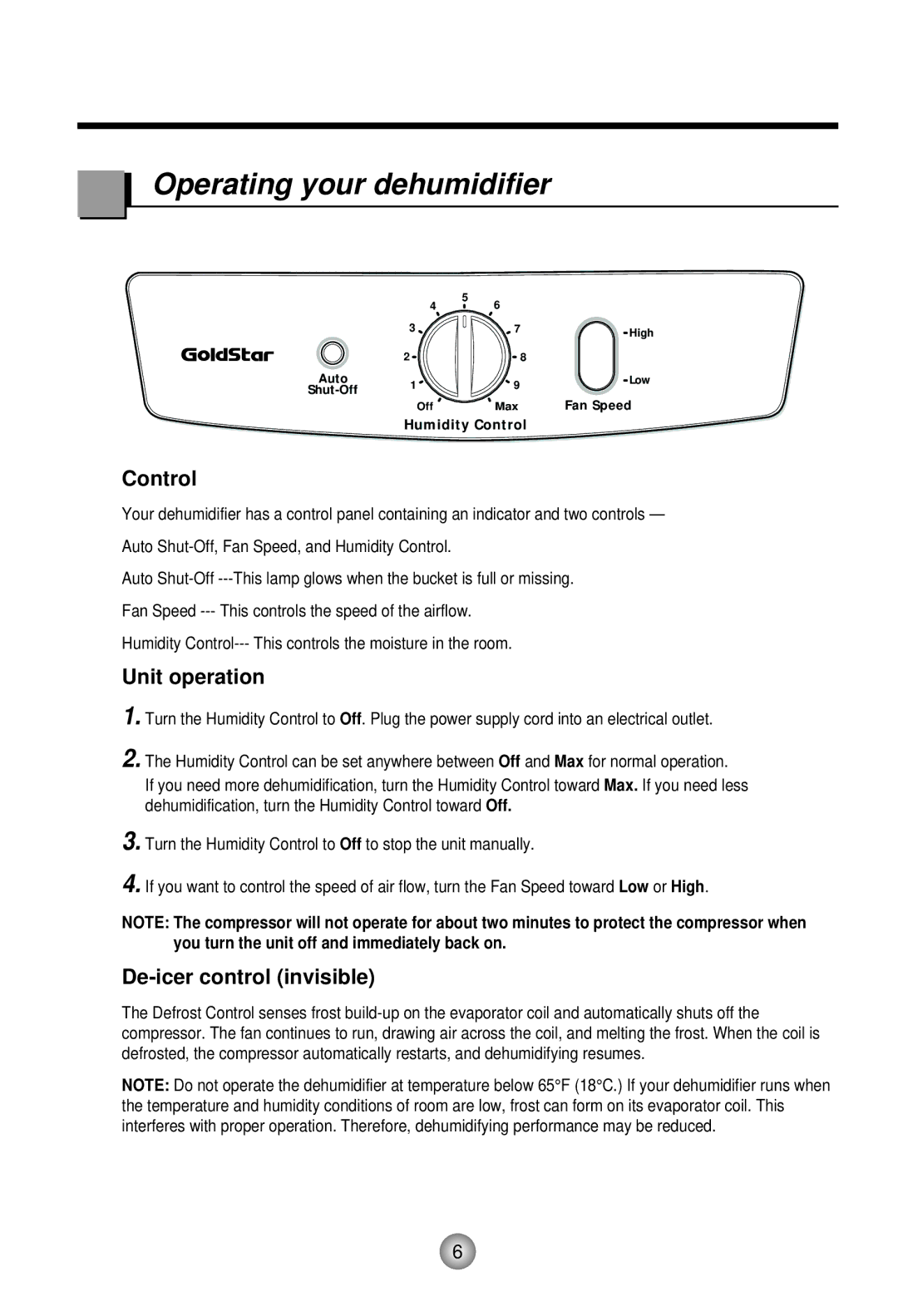 Goldstar DH50, DH30, DH40 owner manual Operating your dehumidifier, Control, Unit operation, De-icer control invisible 