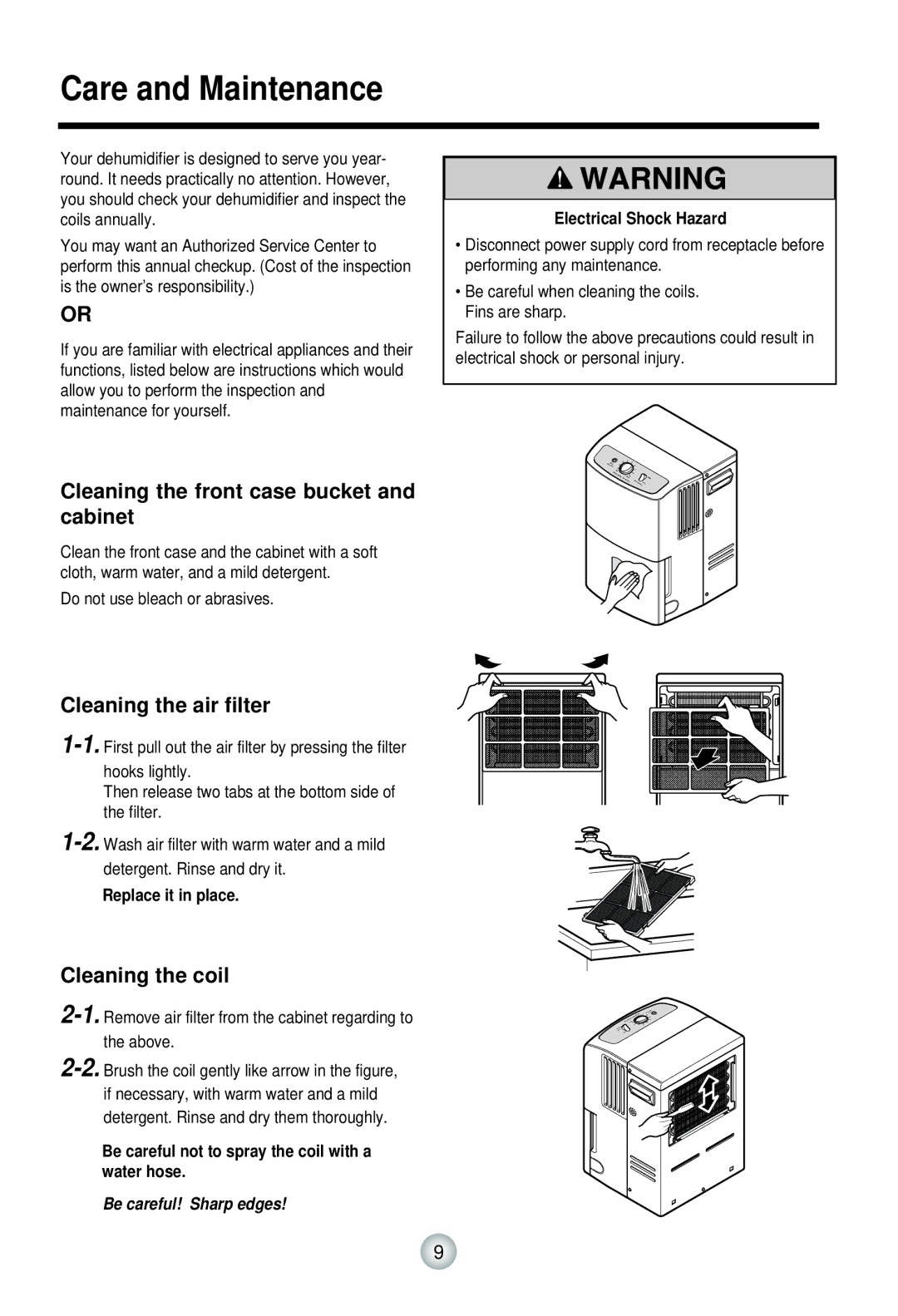 Goldstar DH50 Care and Maintenance, Cleaning the front case bucket and cabinet, Cleaning the air filter, Cleaning the coil 