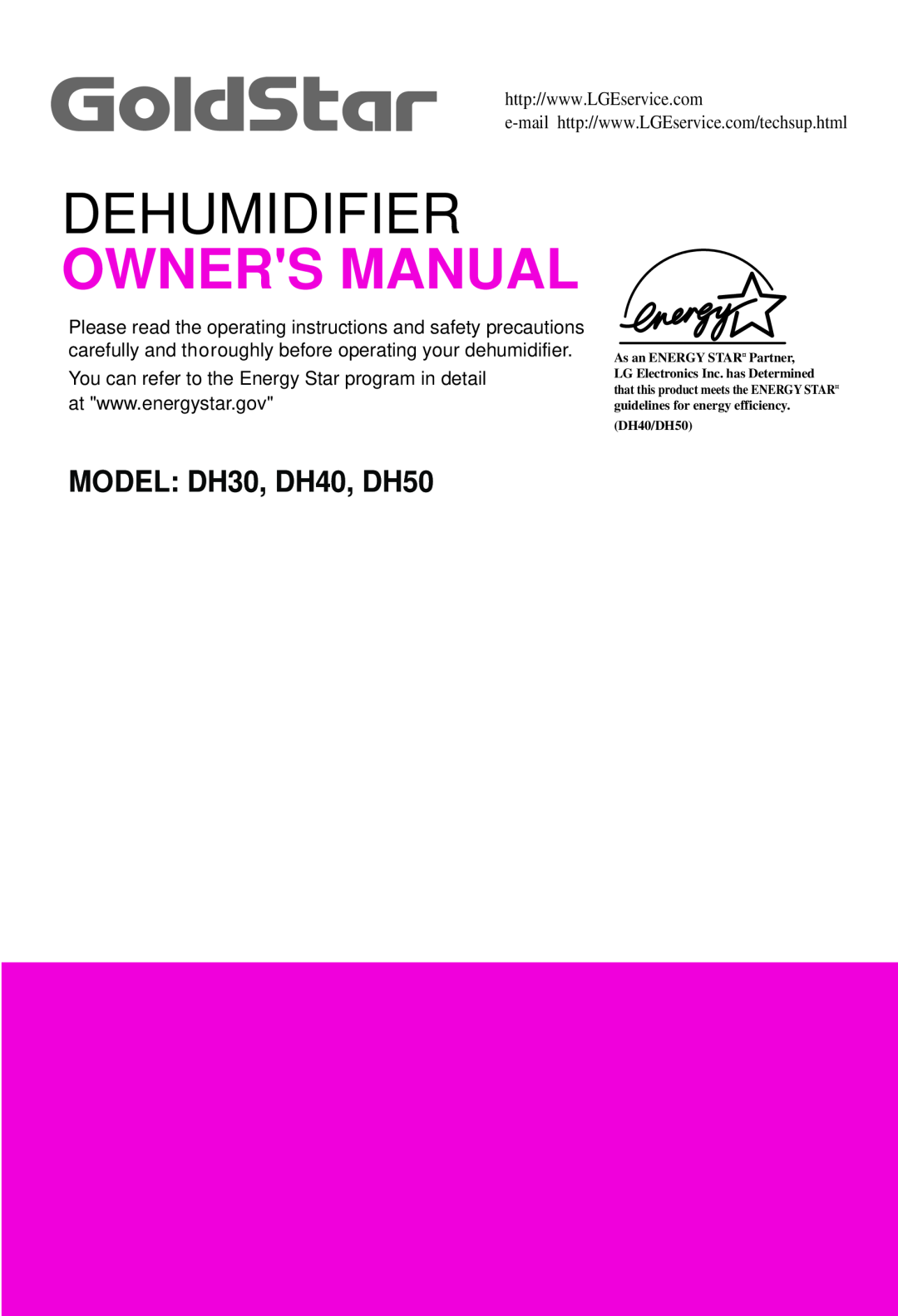 Goldstar owner manual Dehumidifier, MODEL DH30, DH40, DH50, DH40/DH50 